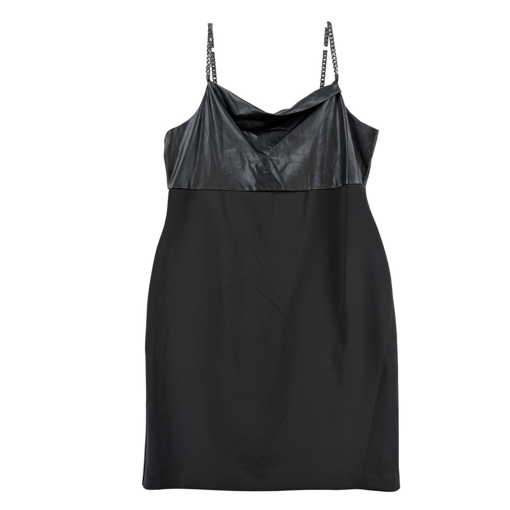 DKNY Dress Womens 14 Black Faux Leather Cowl Neck Chain Strap Sheath Knee Length
